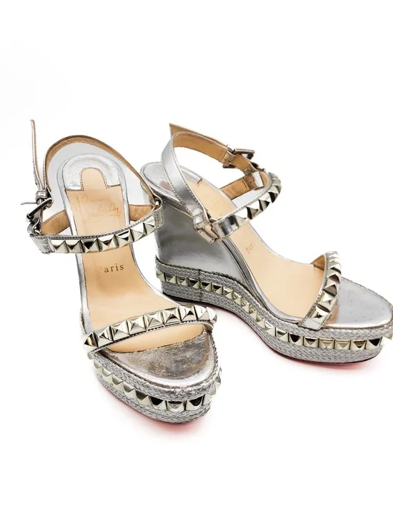 Christian Louboutin Metallic Silver Studded Espadrille Platform Sandals EU 38 - Picture 3 of 9